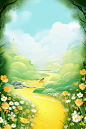 easter spring background wallpaper, in the style of childlike innocence, flickr, delicately rendered landscapes, yellow and emerald, free brushwork, rounded, adonna khare