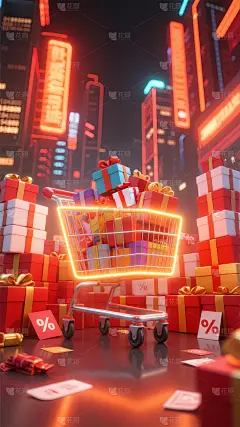 双十一红色霓虹购物车优惠券背景