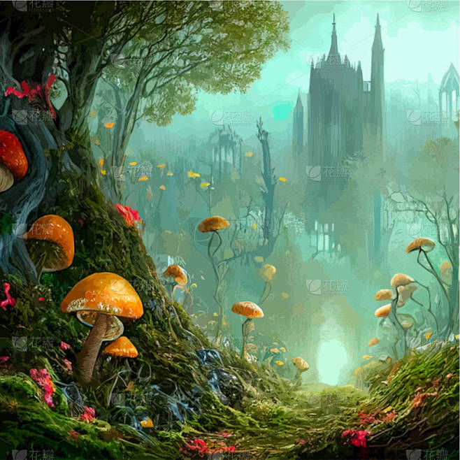 超现实的蘑菇景观，幻想仙境景观与蘑菇月亮。矢量图解。魔法森林里的梦幻蘑菇书的封面插图。神奇的自然景观