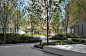 This may contain: an empty courtyard with trees and benches in the foreground