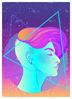 一个年轻貌美的雌雄同体的女人的肖像，有着短短的剃光的精灵剪裁，具有复古的未来主义风格。矢量插图在霓虹