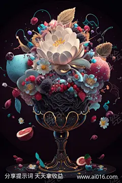 巴洛克甜品_提示词查看_Midjourneyai绘图工具关键词描述词咒语_512X768像素-镀金,花纹,复杂,华丽,巴洛克,水果,花朵,冰淇淋,甜品,原画,3D-提示词编号:2023071314229593-绘ai-www.ai016.com