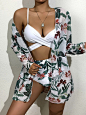 巨梵尼新款亚马逊跨境比基尼网纱三件套欧美分体聚拢印花夏女泳衣