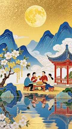 工笔插画风融合刺绣质感，鎏金月色映照团圆场景，中式亭台与花影倒映水中，传递中秋佳节的古典喜庆与温馨梦幻。