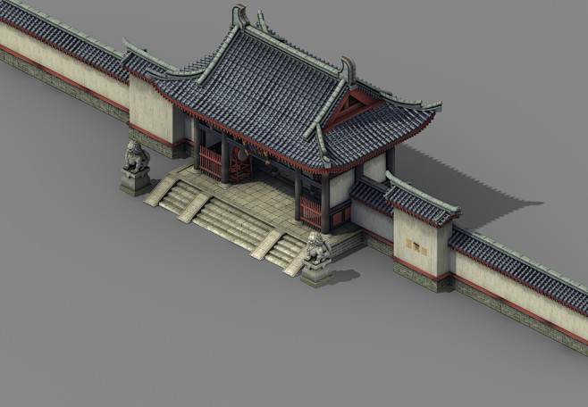 中国古代衙门建筑模型游戏府衙门口围墙模型