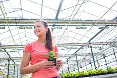 美丽的女植物学家站在温室的幼苗