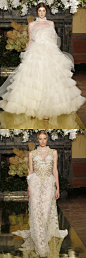 Yolan Cris Bridal Fall 2017。 不拘泥于传统的婚纱设计，设计师从维多利亚时代找寻灵感同时还加入了许多时髦独特的元素，用金色蕾丝刺绣凸显出唯美奢华，感觉这是本季婚纱秀最美的~