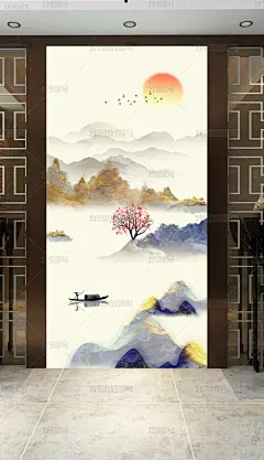 新中式蓝色水墨山水抽象意境风景玄关背景墙