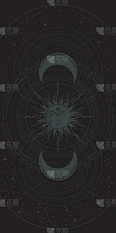 放荡不羁的月球背景。向量神秘的民族风格覆盖着神奇的新月和太阳的脸，围绕着黑色的星星。神秘的黑暗插图