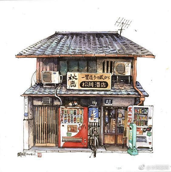 钢笔淡彩店铺 小房子