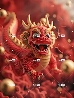 一个红色逗人喜爱和愉快的中国龙的3D浮雕祥云海报