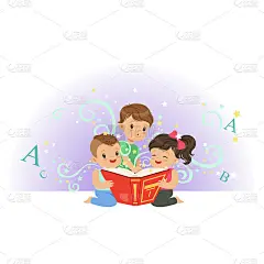 兴奋的孩子们，男孩和女孩在看魔法书。想象力丰富的儿童角色。幻想的概念。平面向量插图
