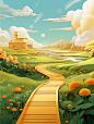 a gold house and gold path over a green grass landscape, in the style of cartoon-inspired pop, cinematic sets, dao trong le, duckcore, light gold and gold, ferrania p30, multilayered realism