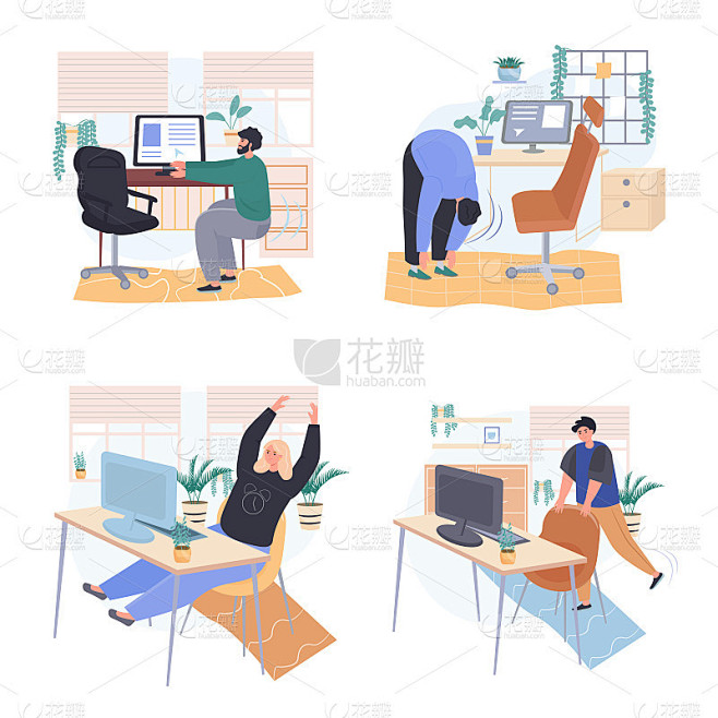 不同的人在工作场所锻炼卧室的概念场景设置。同事在办公室做热身运动。人类活动的集合。矢量插图的字符在平