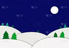 纸工艺风格的背景插图的雪景在夜间