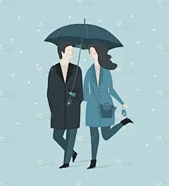 伞,异性恋,在下面,青少年,贺卡,雪,绘画插图,卡通,冬天,雪花
