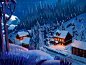 Snow Night snow night winter forest innn illustration