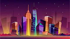 霓虹雷瑟渐变绚丽城市上海夜景建筑灯光插画手绘ai源文件设计素材