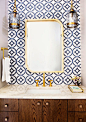 Etch Design group designed this stunning bathroom which features our Hayden Subway tile from our in-stock collection, Artisan Stone Tile.  This luxuy patterned tile is shown on carrara in a deep blue.  Photography by Mia Baxter Smail