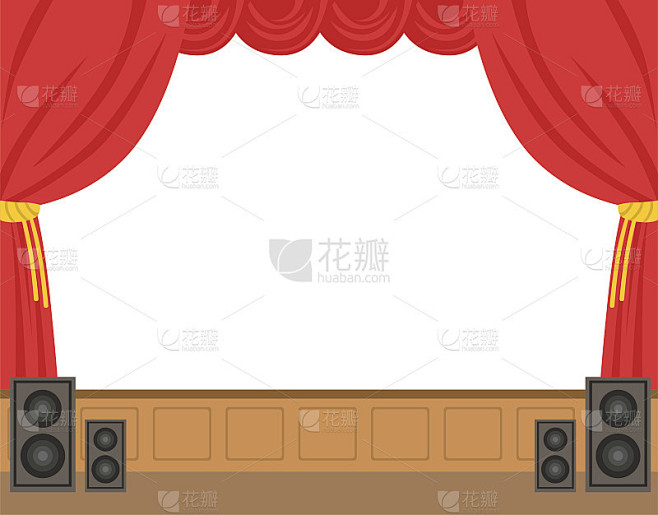 红幕拉开的剧场舞台。彩色卡通人物矢量插图