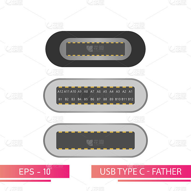 USB c型前端视图的父连接器在一个现实的设计。在白色的背景上。平面向量插图。素材-花瓣网