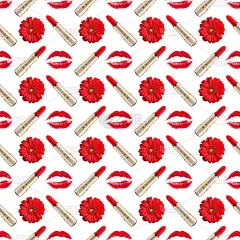 无缝图案红吻印、口红、非洲菊花、白色背景孤立、雏菊花、金色唇膏、唇妆邮票重复点缀、时尚化妆品壁纸、美
