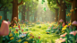 clearing in a bright fairy-tale cartoon forest made of clay. no field of view, pixar, 3d, children's cartoon poster