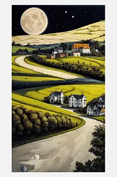 数字艺术风景乡村插画装饰画乡村夜景插画-众图网
