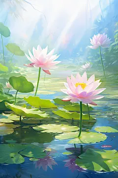 暑期晴空荷花池风景的插画