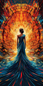 Katniss Everdeen in the hunger games standing in an arena structured like a golden rectangle in her feathered mocking jay deep blue gown, Fibonacci sequence, glowing embers and fire, dramatic lighting and dynamic composition, high intensity and contrast, 