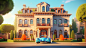 big beautiful house with fancy car parked in front, in the style of Pixar,