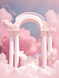 white arch and pink cloud clouds on a pink background, in the style of baroque-inspired grandeur, photorealistic renderings, lomo lc-a, aerial view, award-winning, furaffinity, fairycore