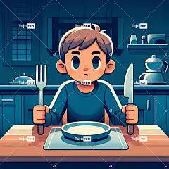 Ai产生的 男孩 饥饿的 饥饿 表 厨房 盘子 空的