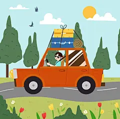 旅游手绘卡通人物假日国庆节出游开车旅行原创插画