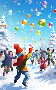 简约人物AI图背景玩雪场景素材图片AI图