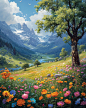 Picture of a large landscape, in the style of sung kim, eduard gaertner, joyful landscapes, peter blume, national geographic photo, flower and nature motifs, anime, realistic hyper-detailed rendering