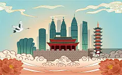 中国浙江省绍兴市城市国风海报插画图片素材