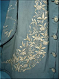 Trained wool dressing gown / morning dress, 1870s.  Pale China blue wool twill w/ Watteau back, 2-tone embroidery, and "overcoat" tailoring in front.  Daisy embroidered buttons & 2 pleated side pockets.  Speechless!