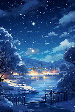 夜空星空中的梦幻雪景插画