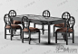 欧式经典黑色黑檀木长方形餐桌棕色软垫镂空雕刻方格靠背餐椅桌椅组合