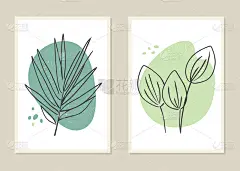 植物墙艺术向量集。抽象的花枝图案。矢量插图。