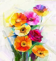 油画一束玫瑰，雏菊和非洲菊