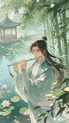 jimeng-2025-09-11-2784-人物泛光，动漫伪厚涂技法，水粉笔触，古风人物，竹林，亭台楼阁，荷花池，俯视角拍摄