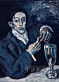 苦艾酒是一种绿色的高度烈酒，以能让人产生幻觉而闻名。在第一次世界大战前，它曾是高更、梵高等诸多欧洲艺术家的灵感来源，并一次又一次出现在毕加索的作品当中。

 《喝苦艾酒的人》创作于1903年，即毕加索艺术生涯的蓝色时期。此画完美展现了画家创作巅峰时期的画法技艺。坐着的画中人——亦即毕加索的密友昂杰——桌前放了一杯苦艾酒，他手持烟斗，烟雾袅袅而上，体现出当时毕加索和朋友们的生活状态。这幅画作强烈体现蓝色时期的画风，以深刻、随性、旋转自如的笔触绘画，突显了毕加索高超的画技。

 这幅旷世巨作将于6月2