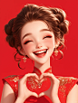 Beautiful Barbie princess, laughing happily, wearing red clothes, earrings, eye details, pink gold powder, water glitter, the photo is created by soft light to highlight the female elegance. Make a heart symbol with your hands. The background adopts Chine