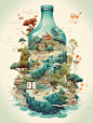 一瓶天地·中国山水画卷·酒水饮料包装插画