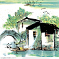 中国国画春景-绿意盎然的渔船人家(1)