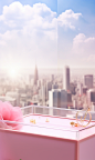 a pink box with flowers in it, in the style of grandiose cityscape views, anime inspired, glass as material, soft and dreamy atmosphere, spectacular backdrops, playful details, spatial concept