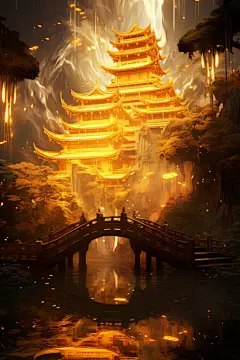 古风古韵金线城市建筑插画
