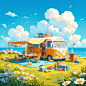 The camper is parked on the lawn with a tent set up, surrounded by flowers,on top green grass, in the style of cute cartoonish designs, dreamlike visuals, soft sculptures, webcam, bright colors, bold shapes, coastal landscapes, capturing moments, The post